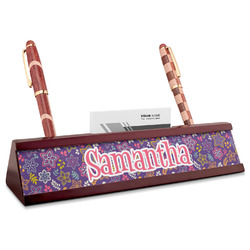 Simple Floral Red Mahogany Nameplate with Business Card Holder (Personalized)