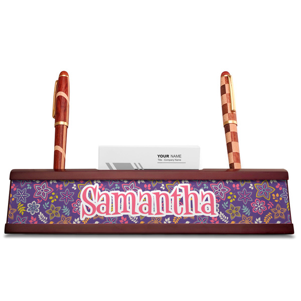 Simple Floral Red Mahogany Nameplates with Business Card Holder - Straight