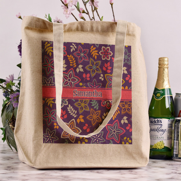 Simple Floral Reusable Cotton Grocery Bag - In Context