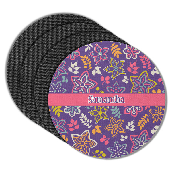 Custom Simple Floral Round Rubber Backed Coasters - Set of 4 (Personalized)