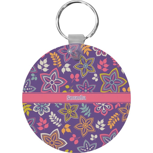 Custom Simple Floral Round Plastic Keychain (Personalized)