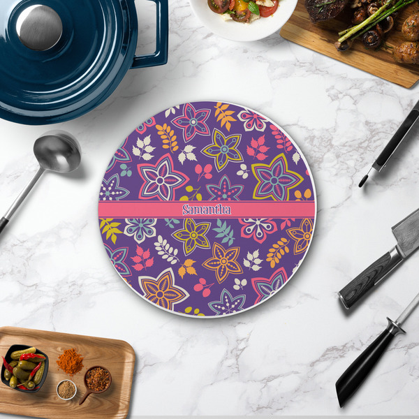 Simple Floral Round Stone Trivet - In Context View