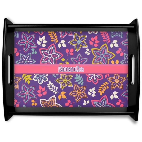 Custom Simple Floral Black Wooden Tray - Large (Personalized)