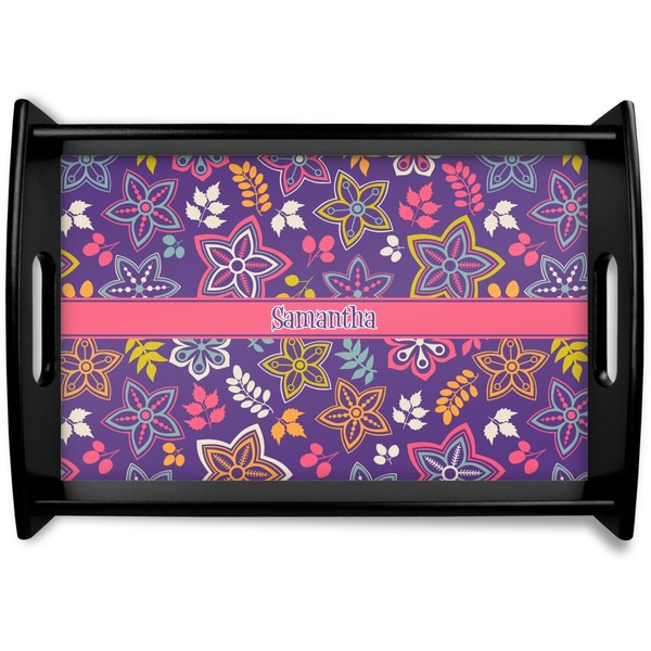 Custom Simple Floral Black Wooden Tray - Small (Personalized)