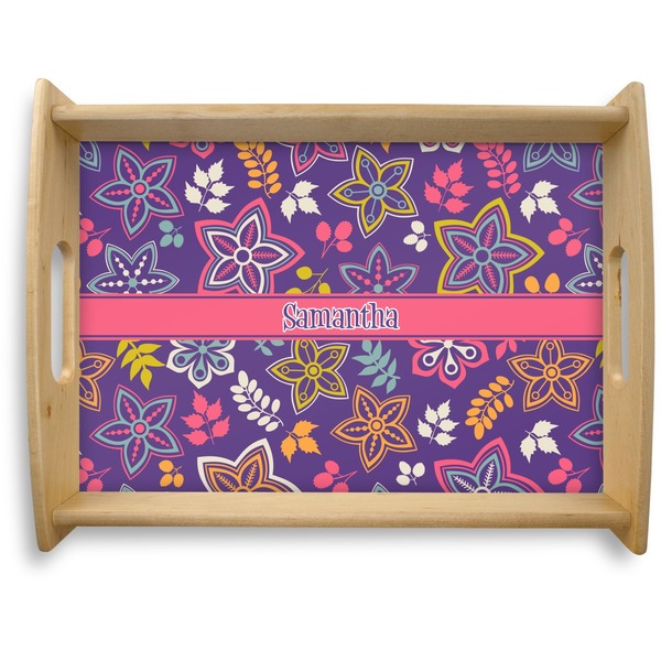 Custom Simple Floral Natural Wooden Tray - Large (Personalized)