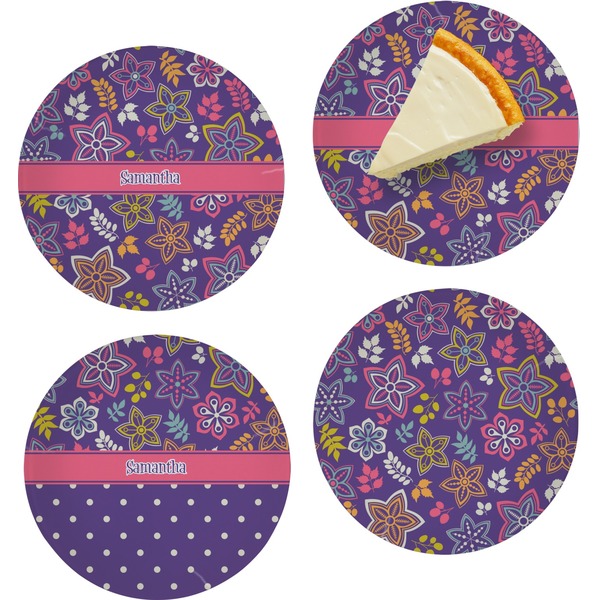 Custom Simple Floral Set of 4 Glass Appetizer / Dessert Plate 8" (Personalized)