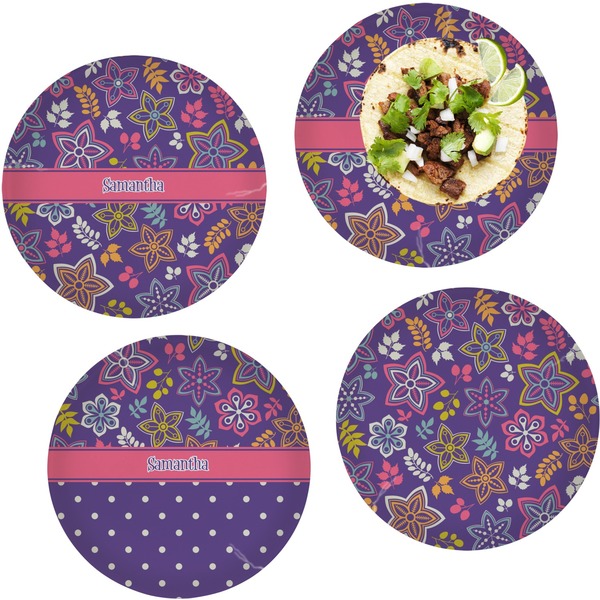 Custom Simple Floral Set of 4 Glass Lunch / Dinner Plate 10" (Personalized)