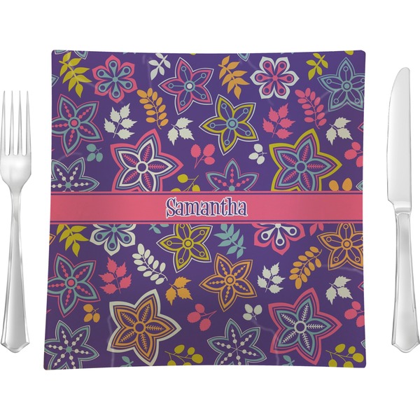 Custom Simple Floral 9.5" Glass Square Lunch / Dinner Plate- Single or Set of 4 (Personalized)
