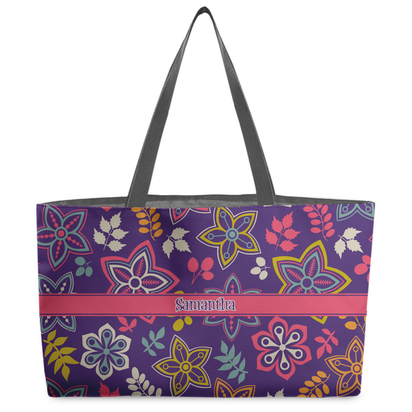 Custom Simple Floral Beach Totes Bag - w/ Black Handles (Personalized)