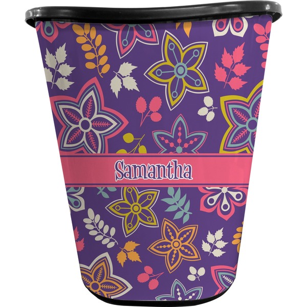 Custom Simple Floral Waste Basket - Single Sided (Black) (Personalized)