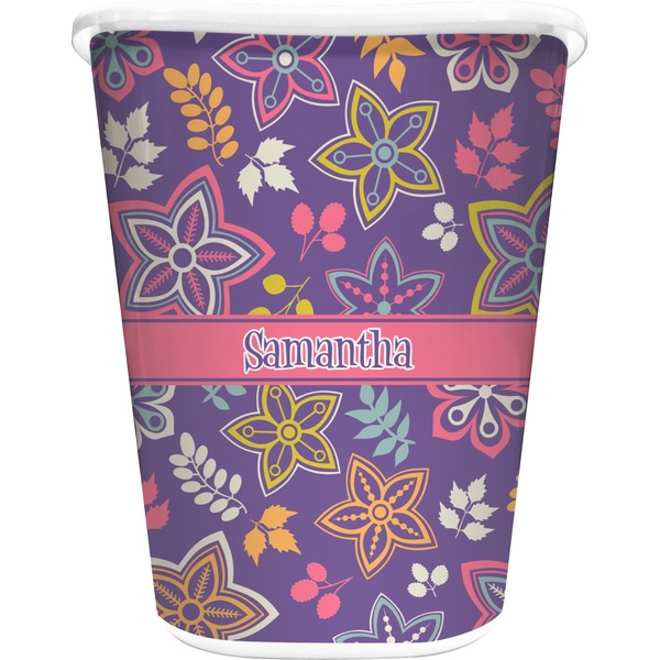 Custom Simple Floral Waste Basket - Single Sided (White) (Personalized)