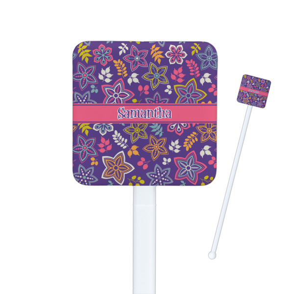 Custom Simple Floral Square Plastic Stir Sticks - Single Sided (Personalized)