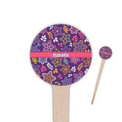 Simple Floral 4" Round Wooden Food Picks - Single Sided (Personalized)