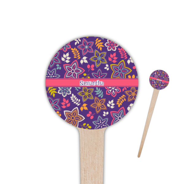 Custom Simple Floral 4" Round Wooden Food Picks - Double Sided (Personalized)