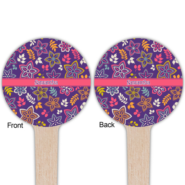 Simple Floral Wooden 4" Food Pick - Round - Double Sided - Front & Back
