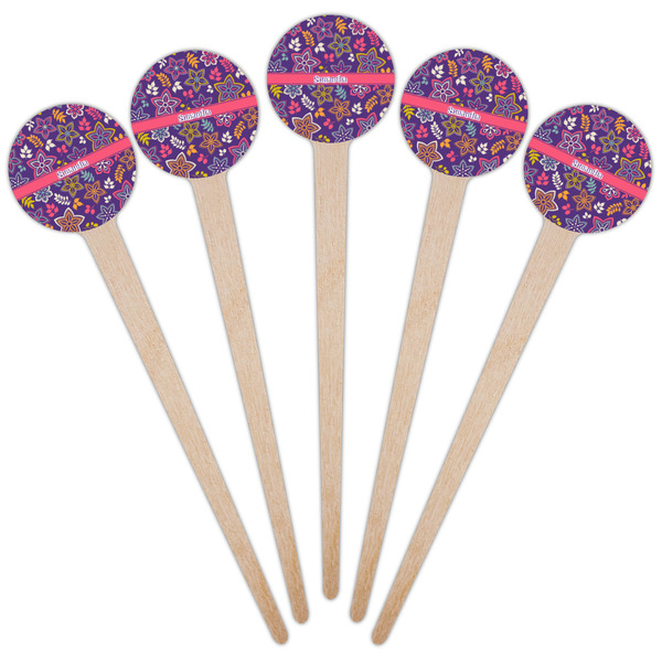 Simple Floral Wooden 4" Food Pick - Round - Fan View