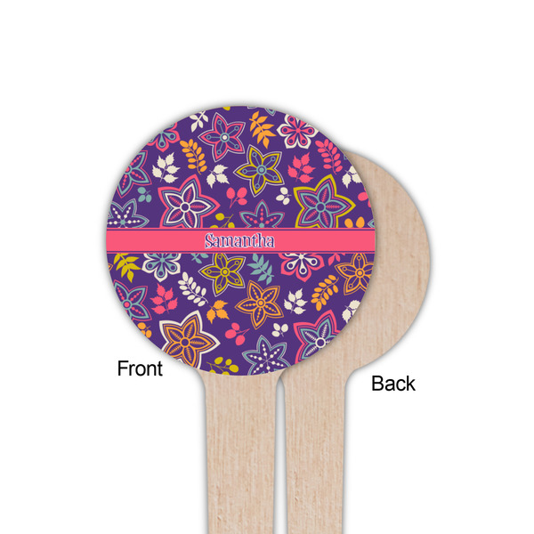 Simple Floral Wooden 4" Food Pick - Round - Single Sided - Front & Back