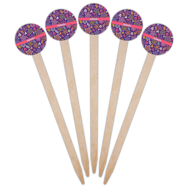 Simple Floral Wooden 6" Food Pick - Round - Fan View