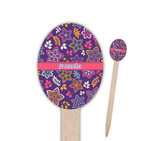 Custom Simple Floral Oval Wooden Food Picks (Personalized)