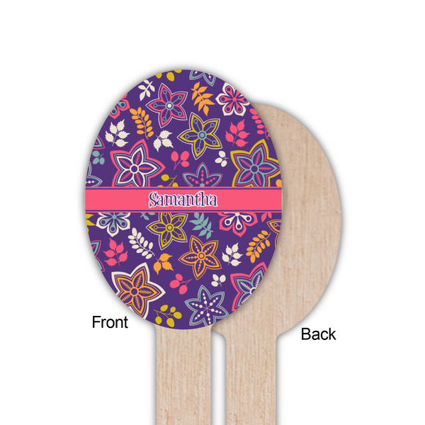 Simple Floral Wooden Food Pick - Oval - Single Sided - Front & Back