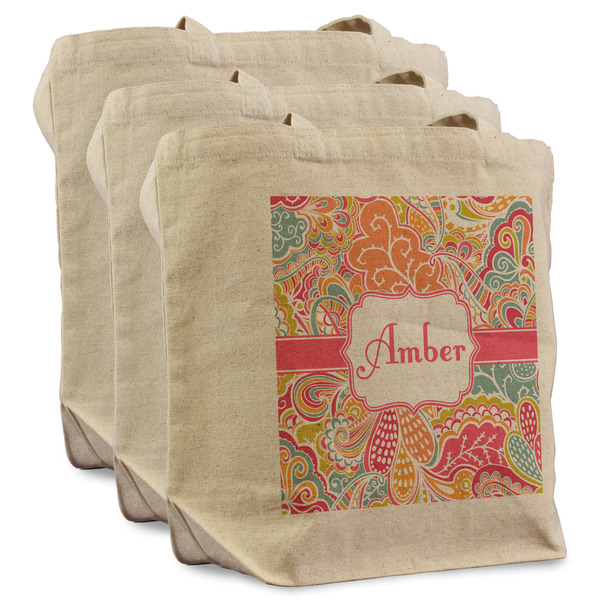 Custom Abstract Foliage Reusable Cotton Grocery Bags - Set of 3 (Personalized)