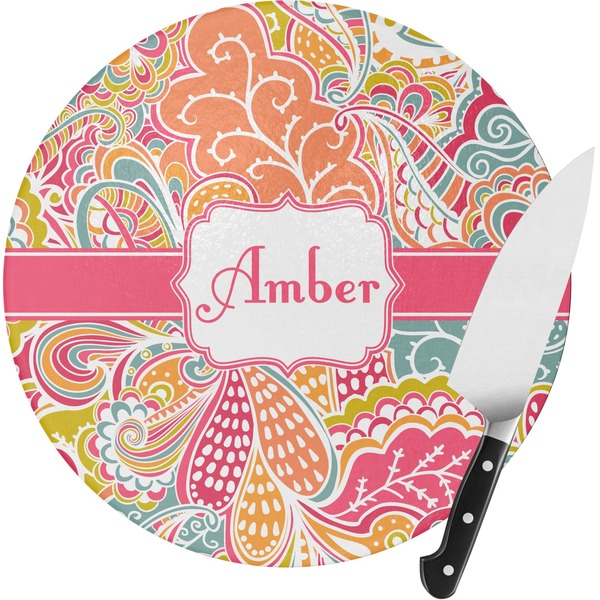 Custom Abstract Foliage Round Glass Cutting Board - Small (Personalized)
