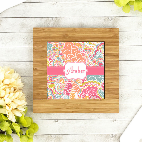 Abstract Foliage Bamboo Trivet with 6" Tile - LIFESTYLE