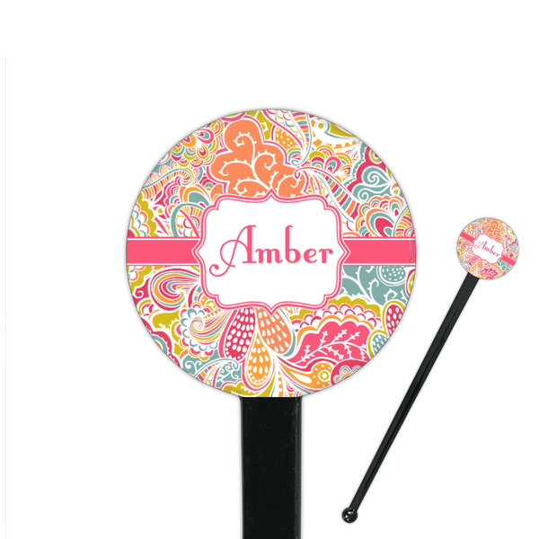 Custom Abstract Foliage 7" Round Plastic Stir Sticks - Black - Single Sided (Personalized)