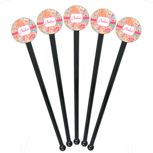 Abstract Foliage Black Plastic 7" Stir Stick - Round - Fan View