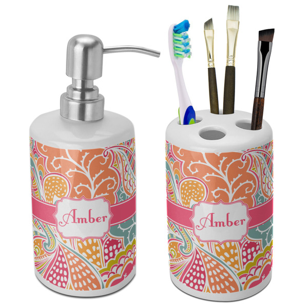 Custom Abstract Foliage Ceramic Bathroom Accessories Set (Personalized)