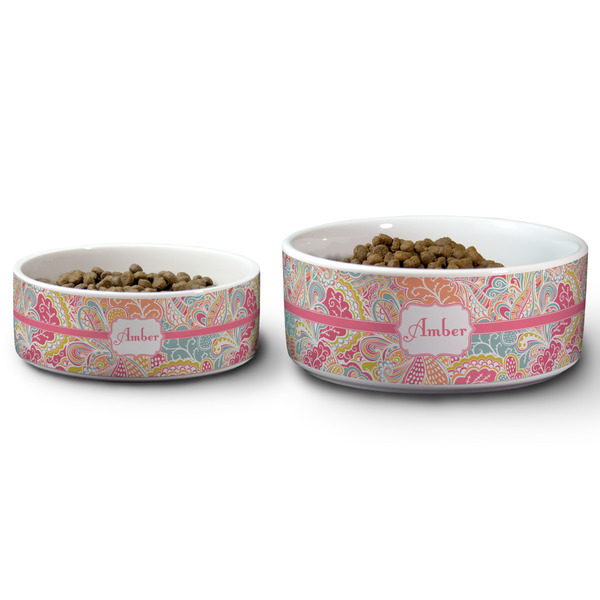 Abstract Foliage Ceramic Dog Bowls - Size Comparison