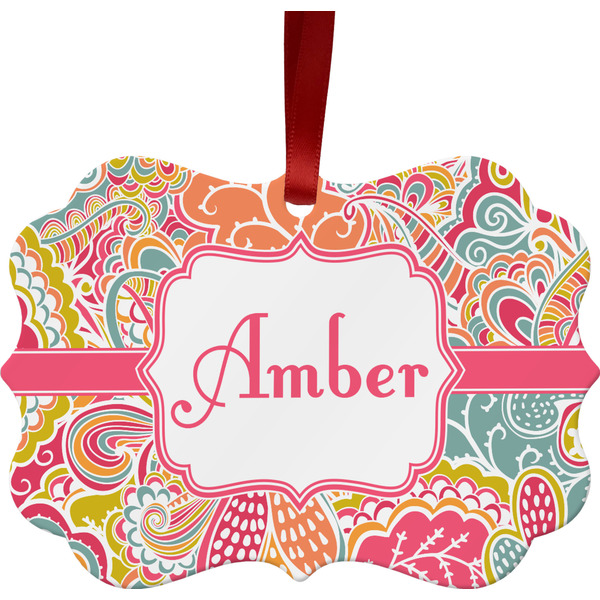 Custom Abstract Foliage Metal Frame Ornament - Double Sided w/ Name or Text