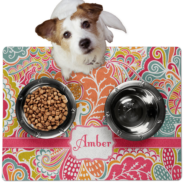 Custom Abstract Foliage Dog Food Mat - Medium w/ Name or Text