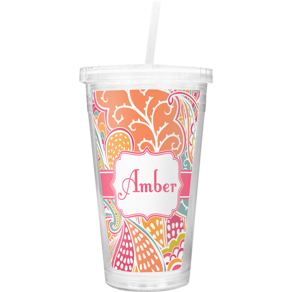 Custom Abstract Foliage Double Wall Tumbler with Straw (Personalized)