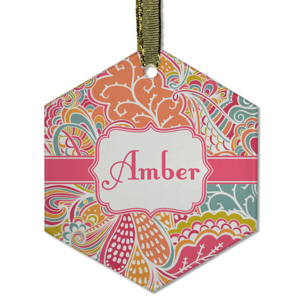 Custom Abstract Foliage Flat Glass Ornament - Hexagon w/ Name or Text