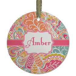 Abstract Foliage Flat Glass Ornament - Round w/ Name or Text