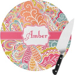 Abstract Foliage Round Glass Cutting Board - Medium (Personalized)