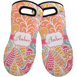 Abstract Foliage Neoprene Oven Mitts - Set of 2 w/ Name or Text