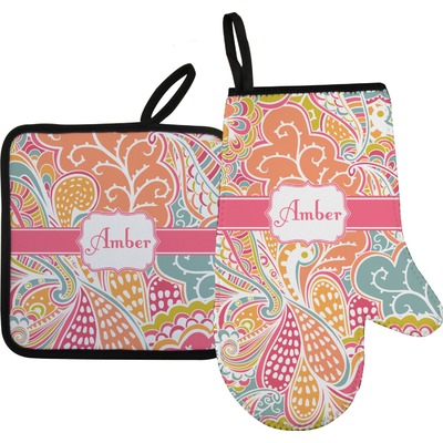 Abstract Foliage Right Oven Mitt & Pot Holder Set w/ Name or Text