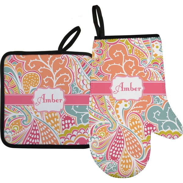 Custom Abstract Foliage Right Oven Mitt & Pot Holder Set w/ Name or Text
