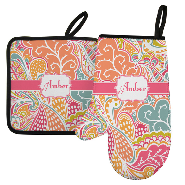 Custom Abstract Foliage Left Oven Mitt & Pot Holder Set w/ Name or Text
