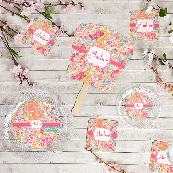 Abstract Foliage Party Supplies Combination Image - All items - Plates, Coasters, Fans