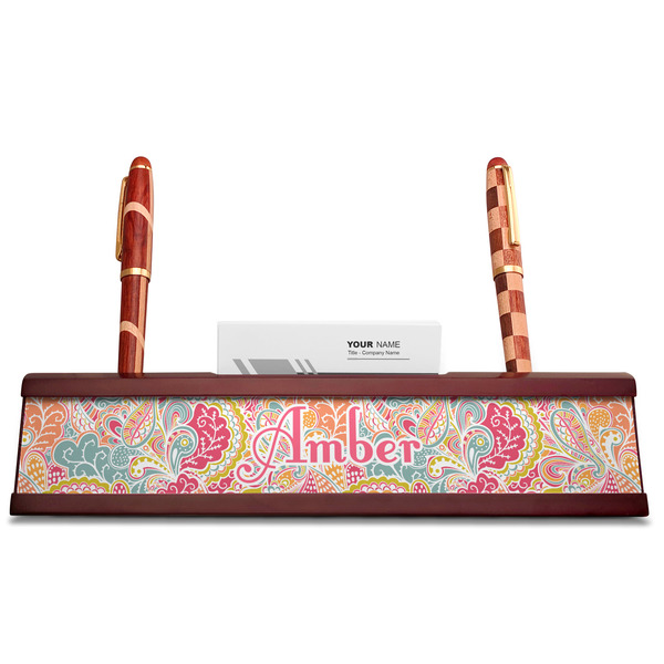 Abstract Foliage Red Mahogany Nameplates with Business Card Holder - Straight