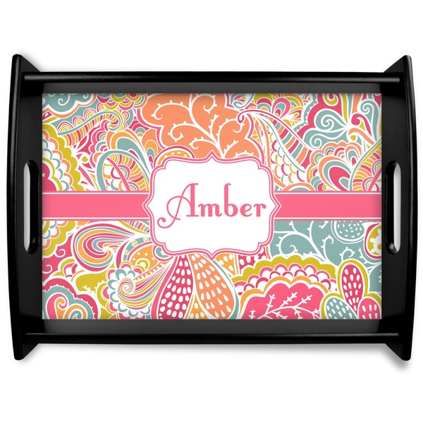 Custom Abstract Foliage Black Wooden Tray - Large (Personalized)