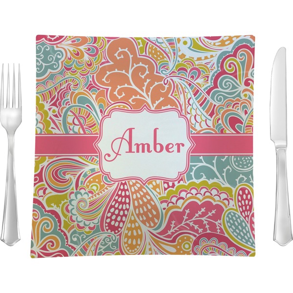 Custom Abstract Foliage 9.5" Glass Square Lunch / Dinner Plate- Single or Set of 4 (Personalized)