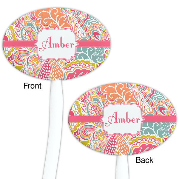 Abstract Foliage White Plastic 7" Stir Stick - Double Sided - Oval - Front & Back