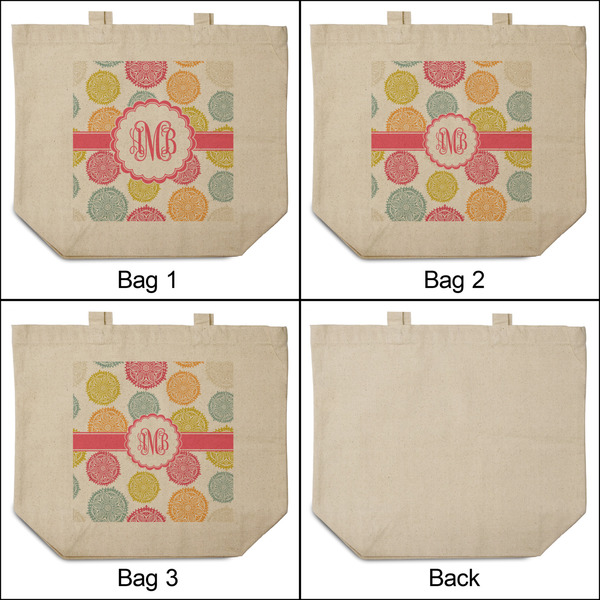 Doily Pattern 3 Reusable Cotton Grocery Bags - Front & Back View