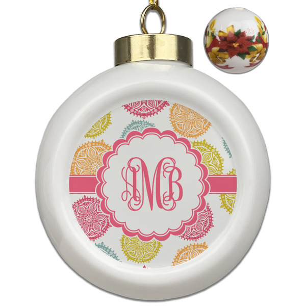 Custom Doily Pattern Ceramic Ball Ornaments - Poinsettia Garland (Personalized)