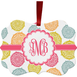 Doily Pattern Metal Frame Ornament - Double Sided w/ Monogram