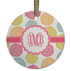 Doily Pattern Flat Glass Ornament - Round w/ Monogram